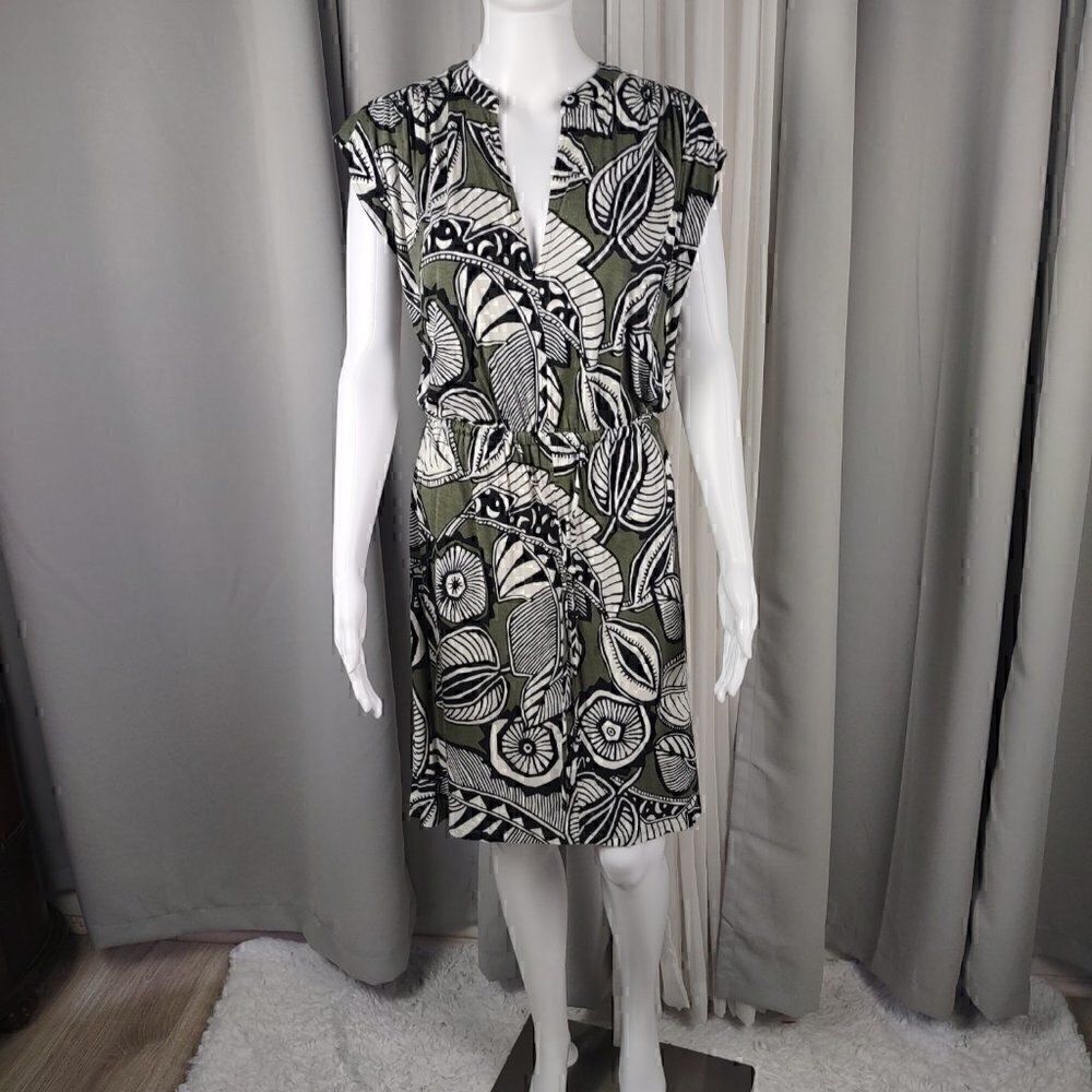 LOFT Ann Taylor Olive/Black/Off White V Neck Floral Drawstring Waist Dress Sz S